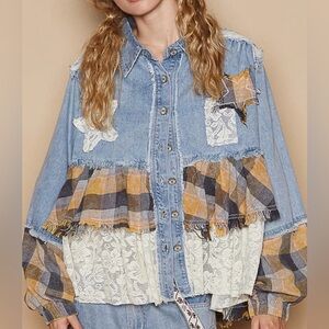 POL Blue Patchwork Jean Jacket with Lace and Plaid